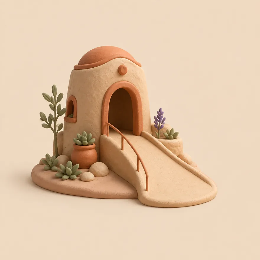 A clay building with a wide doorway and a ramp, no steps.