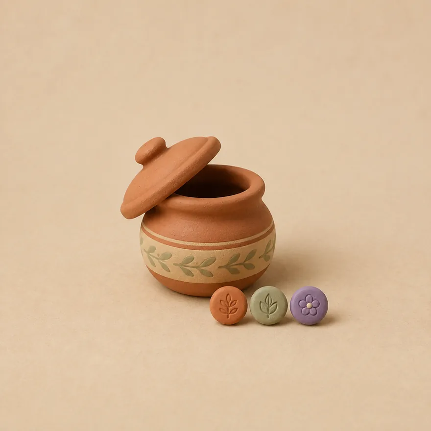A clay jar with a tilted lid and three tokens in a row beside it.