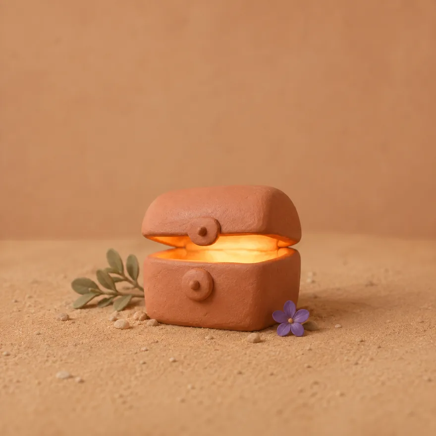 A clay strongbox, its lid ajar, warm light inside.